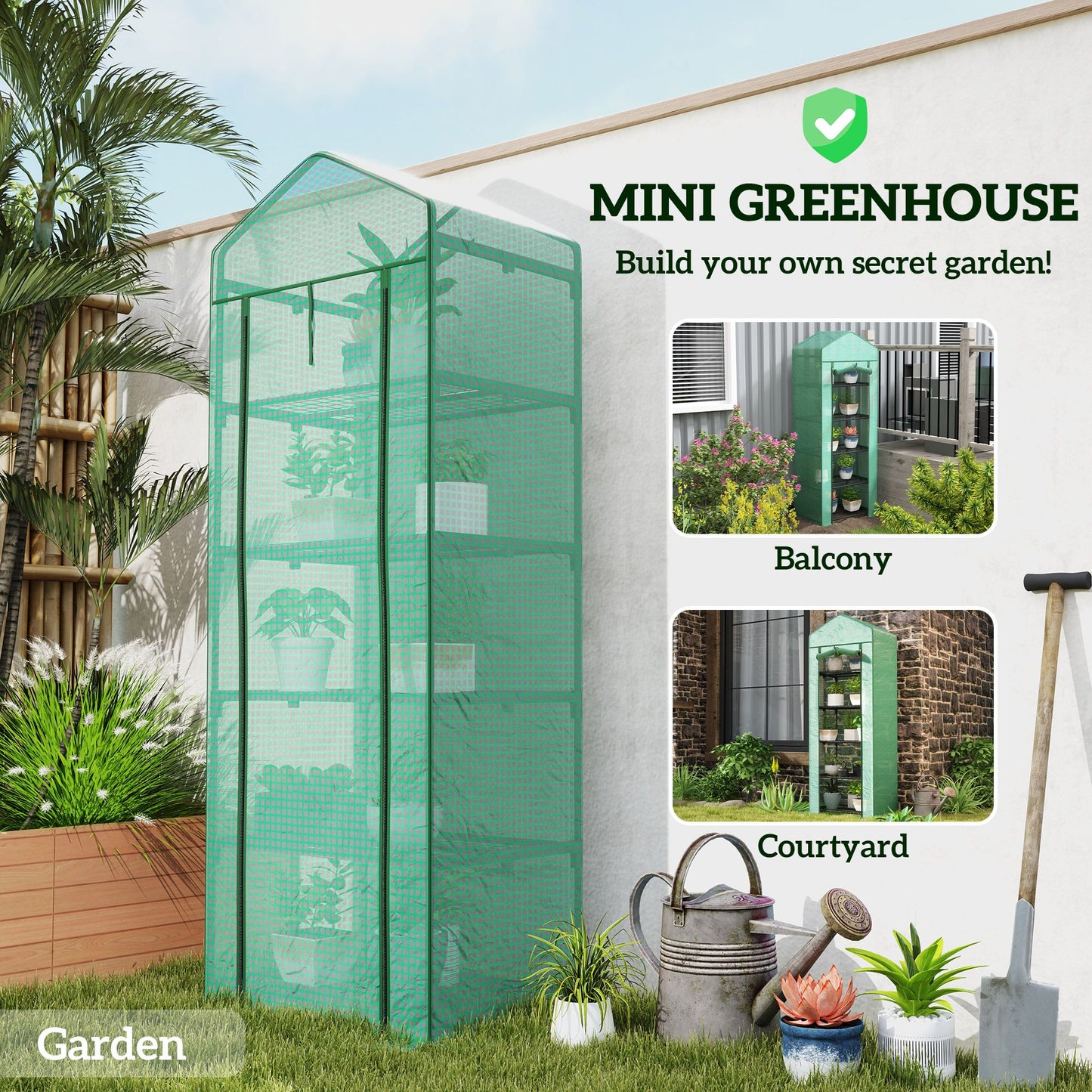 5 Tier Mini Greenhouse, Portable Outdoor Flower Stand with Shelf Clips, Indoor Greenhouse with Steel Frame, Transparent, 27.25" x 19.25" x 76", Green