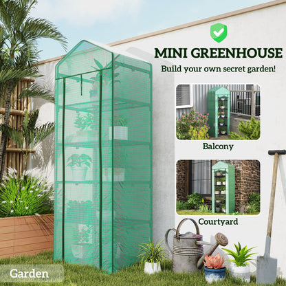 5 Tier Mini Greenhouse, Portable Outdoor Flower Stand with Shelf Clips, Indoor Greenhouse with Steel Frame, Transparent, 27.25" x 19.25" x 76", Green