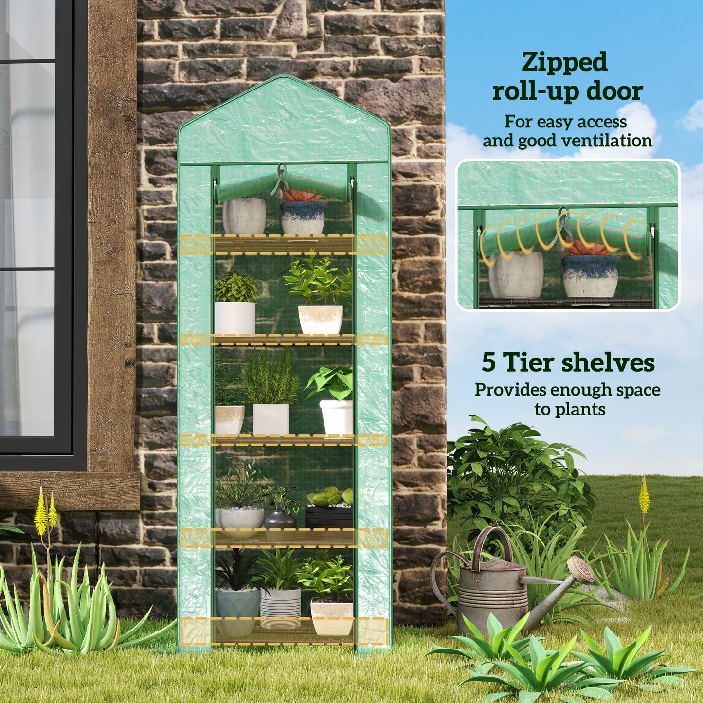 5 Tier Mini Greenhouse, Portable Outdoor Flower Stand with Shelf Clips, Indoor Greenhouse with Steel Frame, Transparent, 27.25" x 19.25" x 76", Green