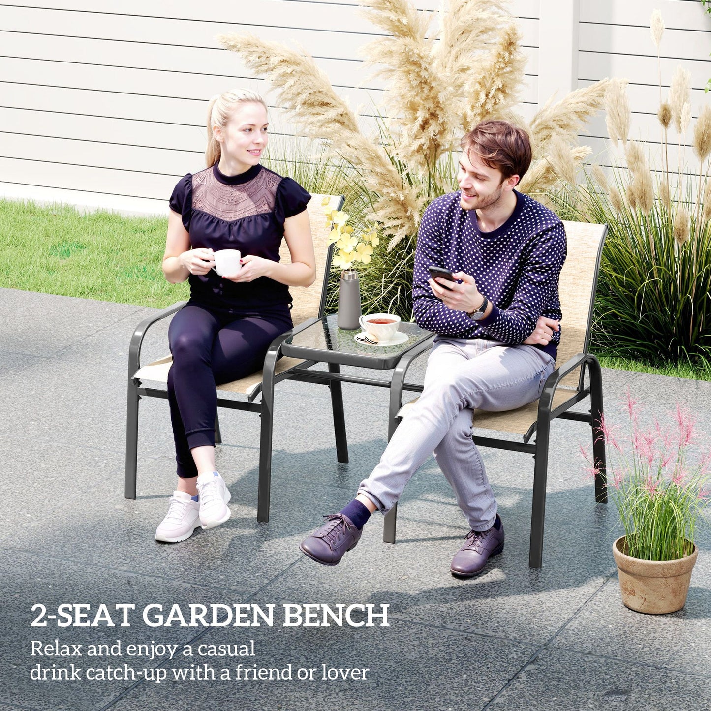 Outdoor Loveseat with Glass Table, Garden Patio Bench with Breathable Mesh Seat, High Back, Armrests, Brown