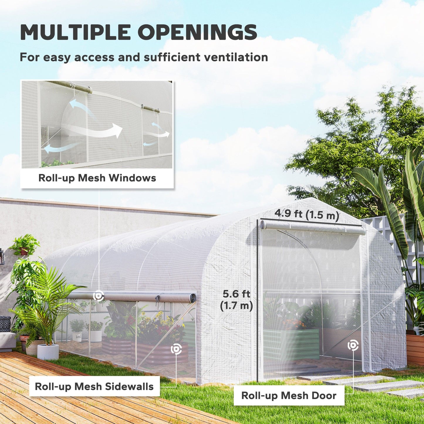 19.5' x 10' x 6.6' Tunnel Greenhouse Outdoor Green House with Roll-up Mesh Sidewalls, Mesh Door, Galvanized Steel, White