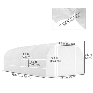 19.5' x 10' x 6.6' Tunnel Greenhouse Outdoor Green House with Roll-up Mesh Sidewalls, Mesh Door, Galvanized Steel, White
