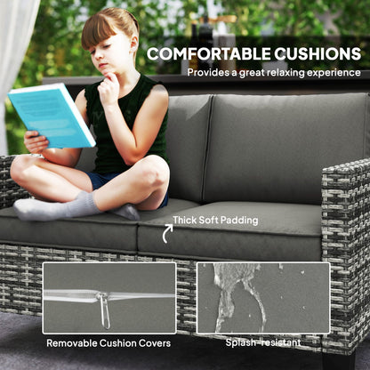 2 Seater Rattan Outdoor Sofa, Patio Couch Loveseat with Cushions and Armrests for Garden, Balcony, Dark Grey