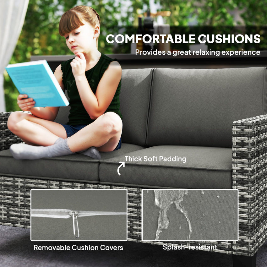 2 Seater Rattan Outdoor Sofa, Patio Couch Loveseat with Cushions and Armrests for Garden, Balcony, Dark Grey