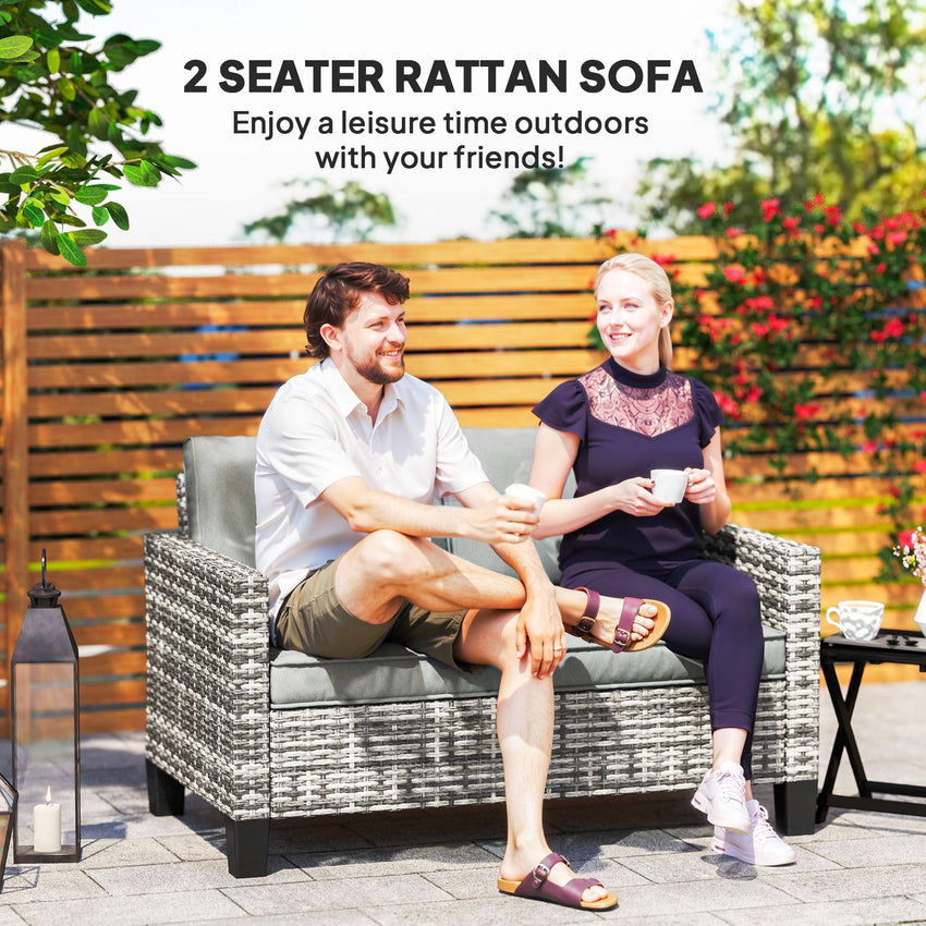 2 Seater Rattan Outdoor Sofa, Patio Couch Loveseat with Cushions and Armrests for Garden, Balcony, Dark Grey