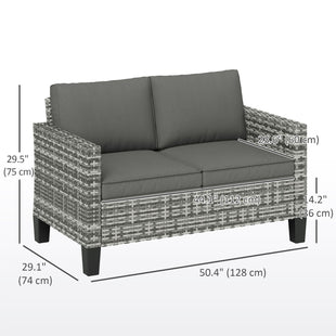 2 Seater Rattan Outdoor Sofa, Patio Couch Loveseat with Cushions and Armrests for Garden, Balcony, Dark Grey