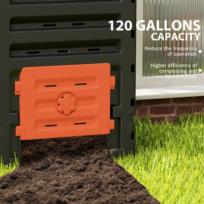 Compost Bin, Garden Composter with 80 Vents and 2 Sliding Doors, 120 Gallon (450L), Orange