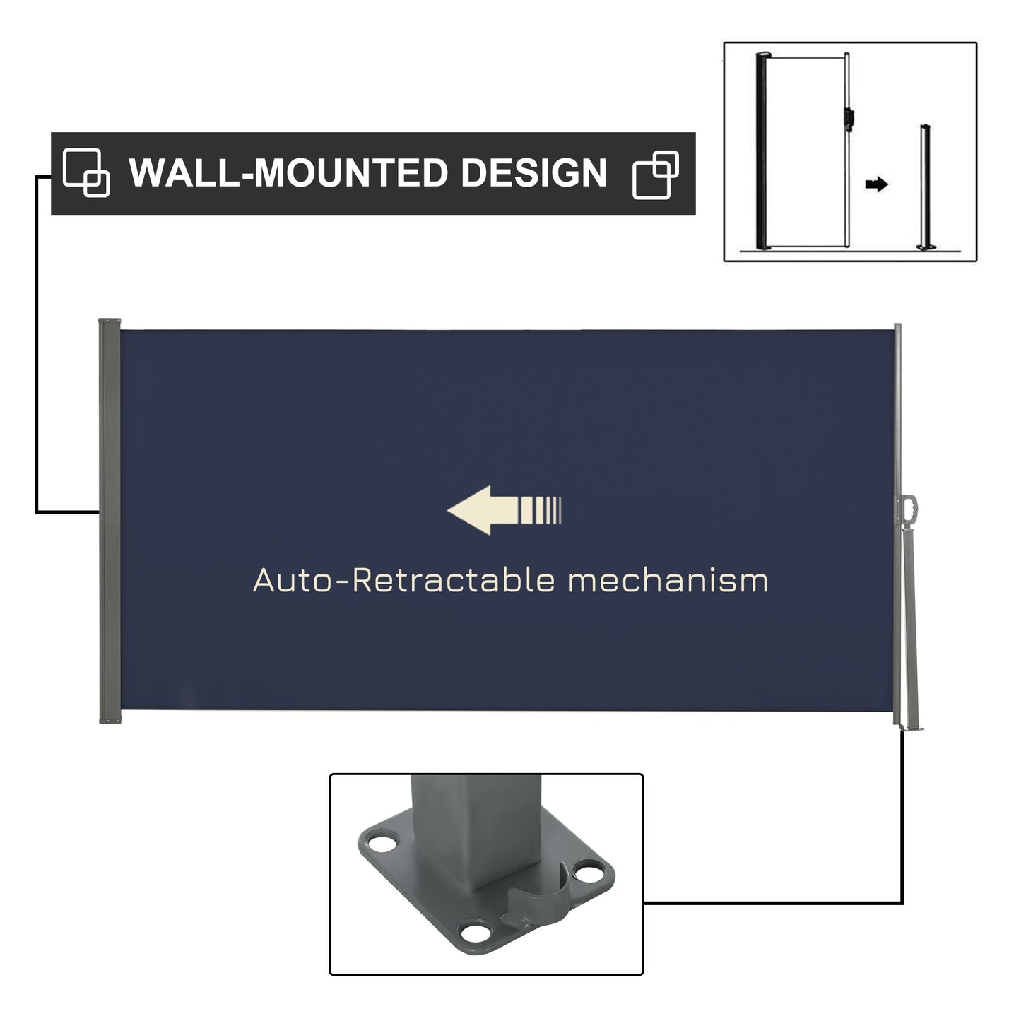 118" x 63" Outdoor Folding Privacy Screen Retractable Side Awning Patio with Resistance to UV Rays and Wind Dark Blue