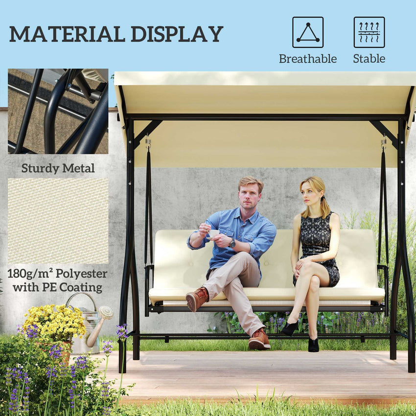Convertible Patio Swing Bed with Canopy and Cushions, 3 Seater Porch Swing for Outdoor, Backyard, Garden, Beige