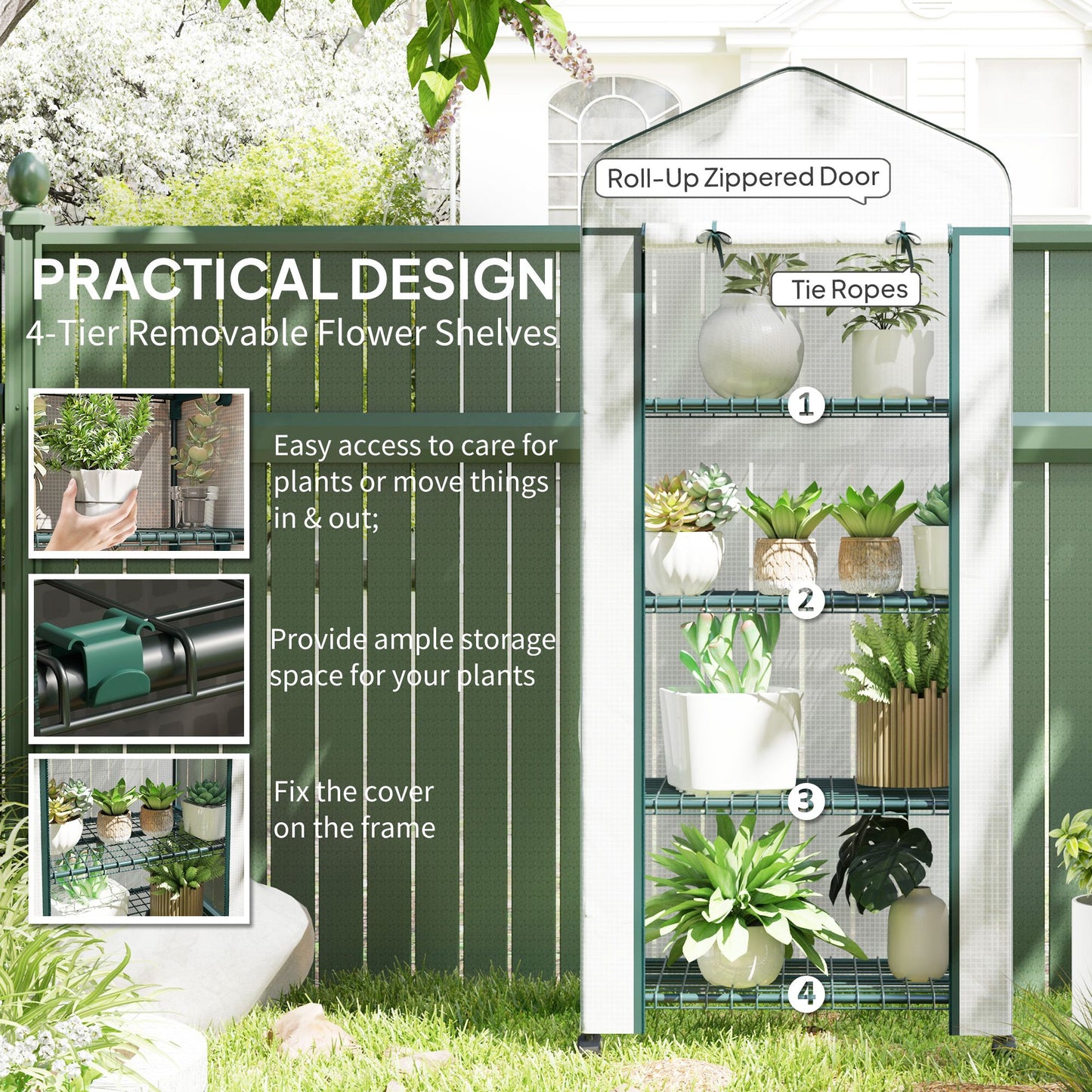 Portable Greenhouse, Outdoor Hot House Plant Flower Greenhouse with 4 Tier Shelves, PE Cover, White