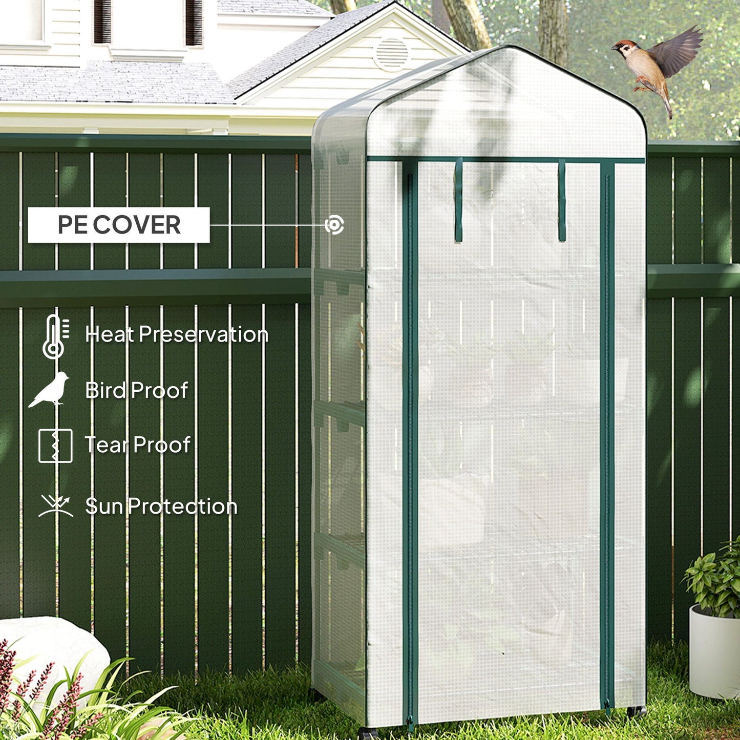 Portable Greenhouse, Outdoor Hot House Plant Flower Greenhouse with 4 Tier Shelves, PE Cover, White