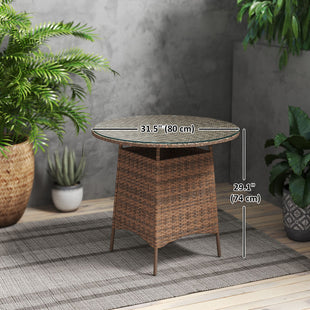 31.5" Outdoor Round Patio Table with Umbrella Hole, Bistro Coffee Table with Tempered Glass Top for Garden, Brown
