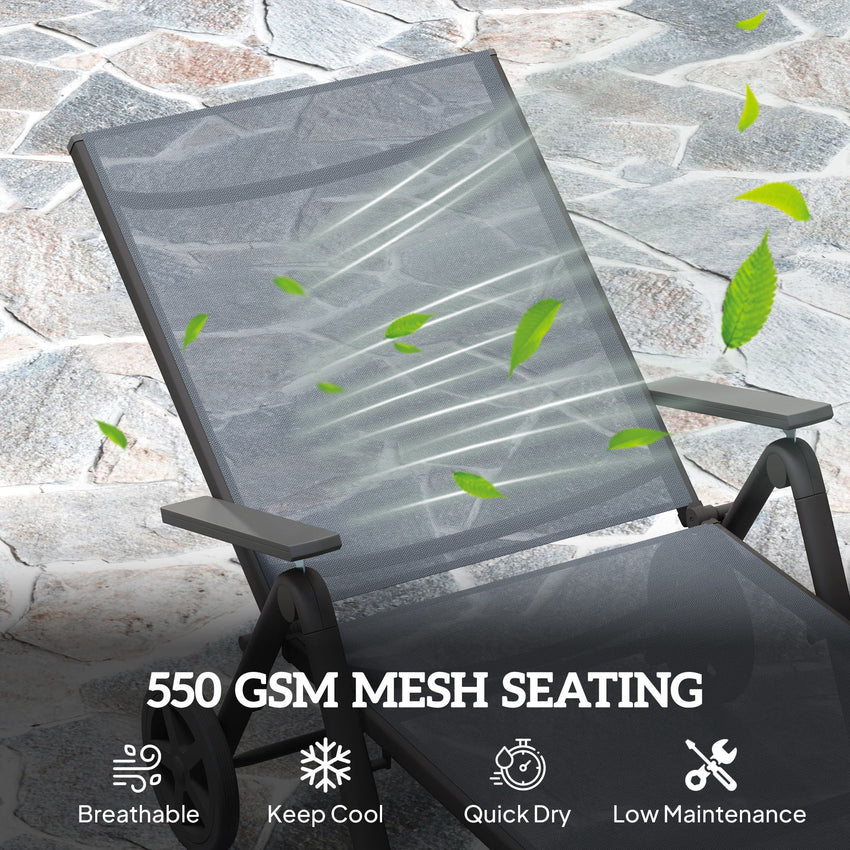 Outdoor Lounge Chair, 5-Level Adjustable Folding Chaise Chair with 2 Wheels for Backyard, Beach, Poolside, Grey