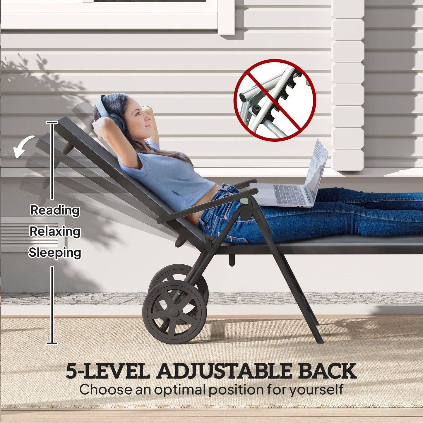 Outdoor Lounge Chair, 5-Level Adjustable Folding Chaise Chair with 2 Wheels for Backyard, Beach, Poolside, Grey