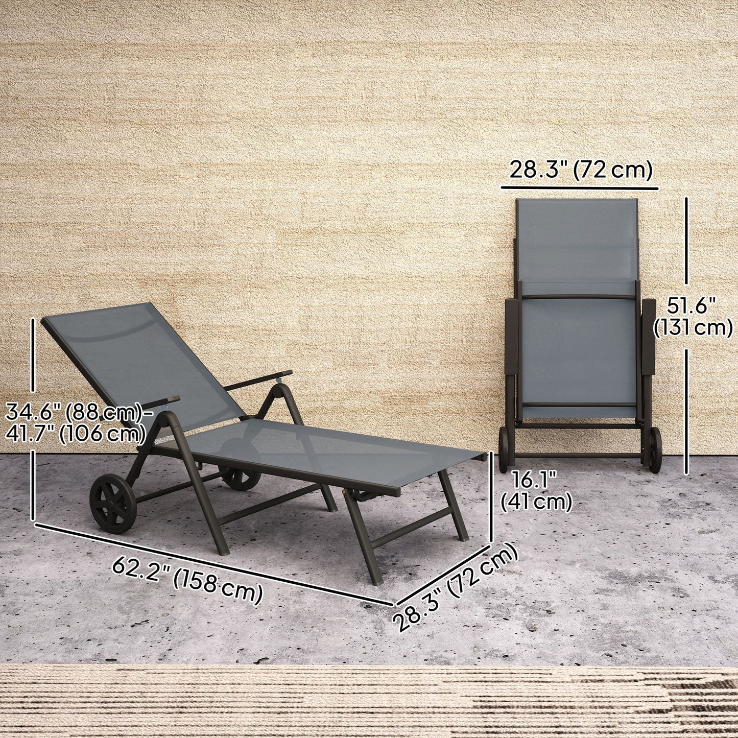 Outdoor Lounge Chair, 5-Level Adjustable Folding Chaise Chair with 2 Wheels for Backyard, Beach, Poolside, Grey