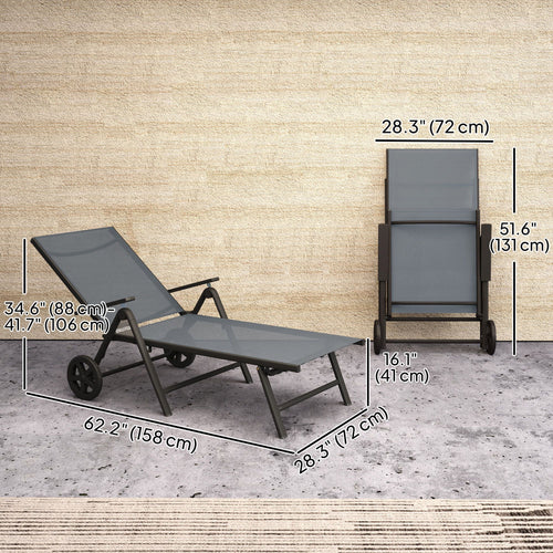 Outdoor Lounge Chair, 5-Level Adjustable Folding Chaise Chair with 2 Wheels for Backyard, Beach, Poolside, Grey