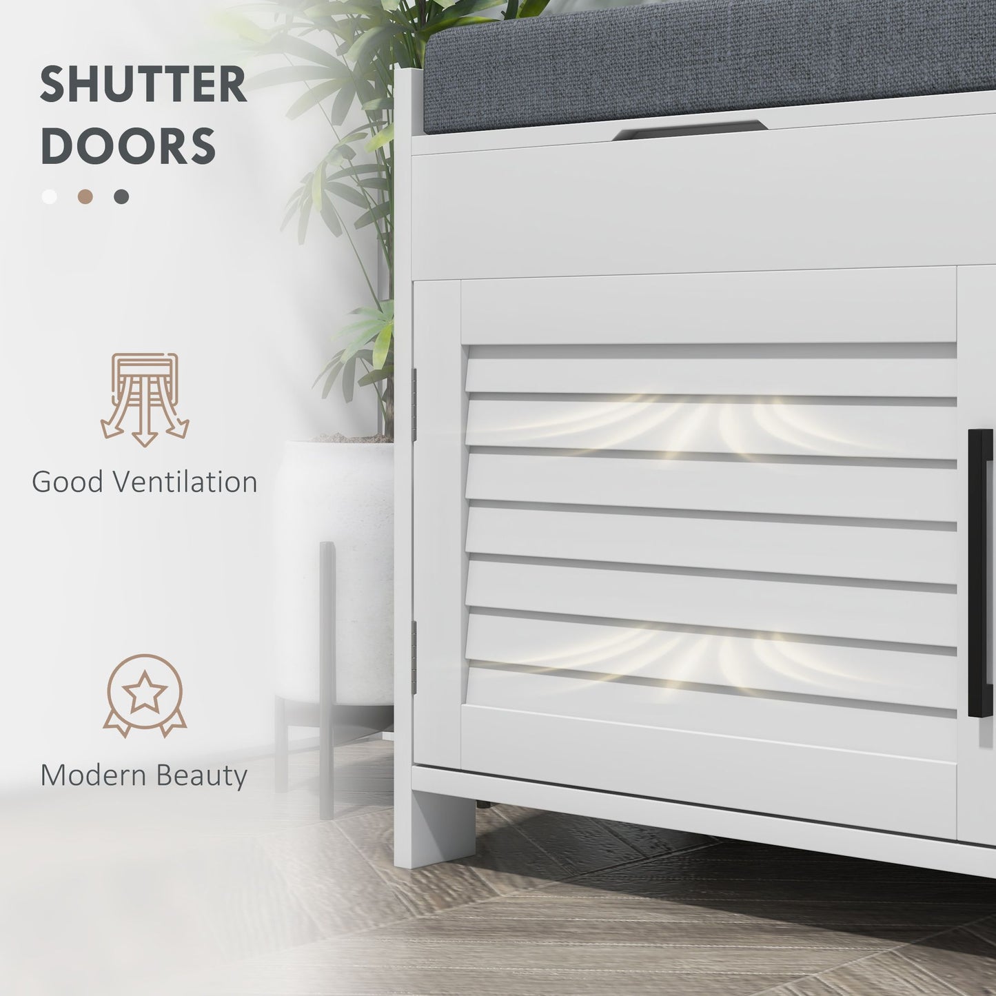 Entryway Bench with Cushion, Hidden Storage, Adjustable Shelves and Shutter Doors, 35.4" Shoe Bench, White