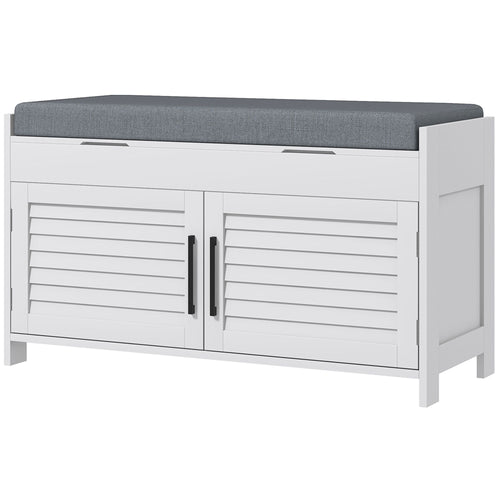 Entryway Bench with Cushion, Hidden Storage, Adjustable Shelves and Shutter Doors, 35.4" Shoe Bench, White