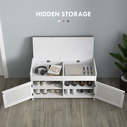 Entryway Bench with Cushion, Hidden Storage, Adjustable Shelves and Shutter Doors, 35.4" Shoe Bench, White