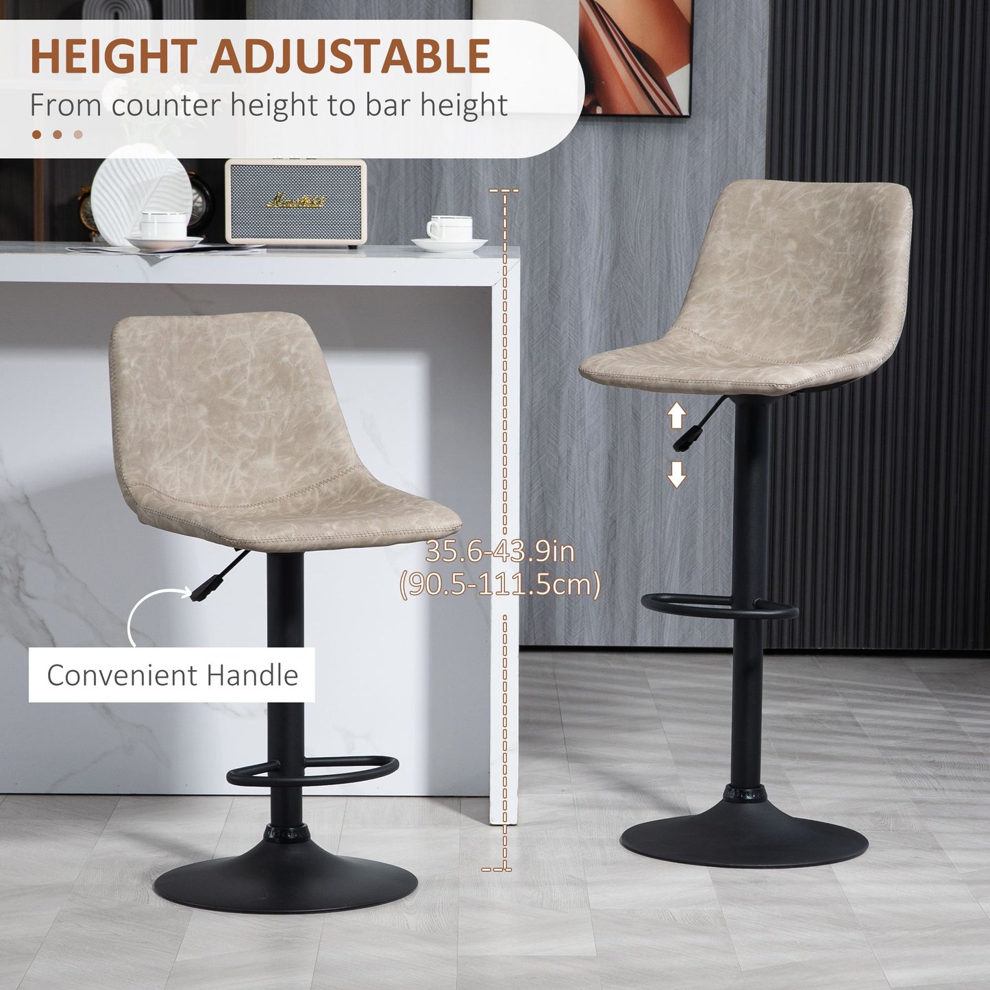 Adjustable Counter Height Bar Stools Set of 2, 360° Swivel Kitchen Counter Stools With Backs, Vintage Leather, Beige