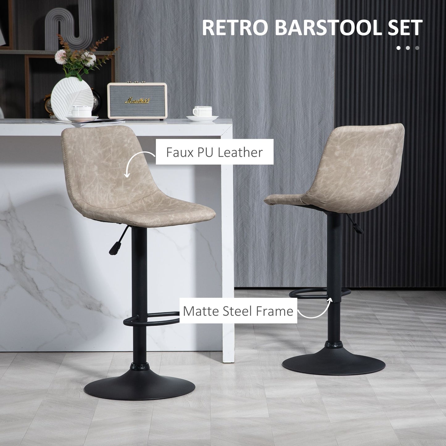 Adjustable Counter Height Bar Stools Set of 2, 360° Swivel Kitchen Counter Stools With Backs, Vintage Leather, Beige
