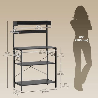 Kitchen Baker's Rack with Power Outlet, Coffee Bar Station with Adjustable Shelves and Hooks, Rustic Brown