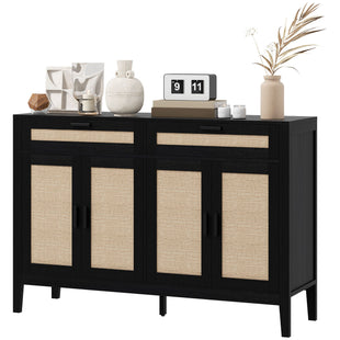 Kitchen Sideboard Cabinet, Boho Buffet Table with Decorative Rattan Doors and Drawers for Dining Room, Black