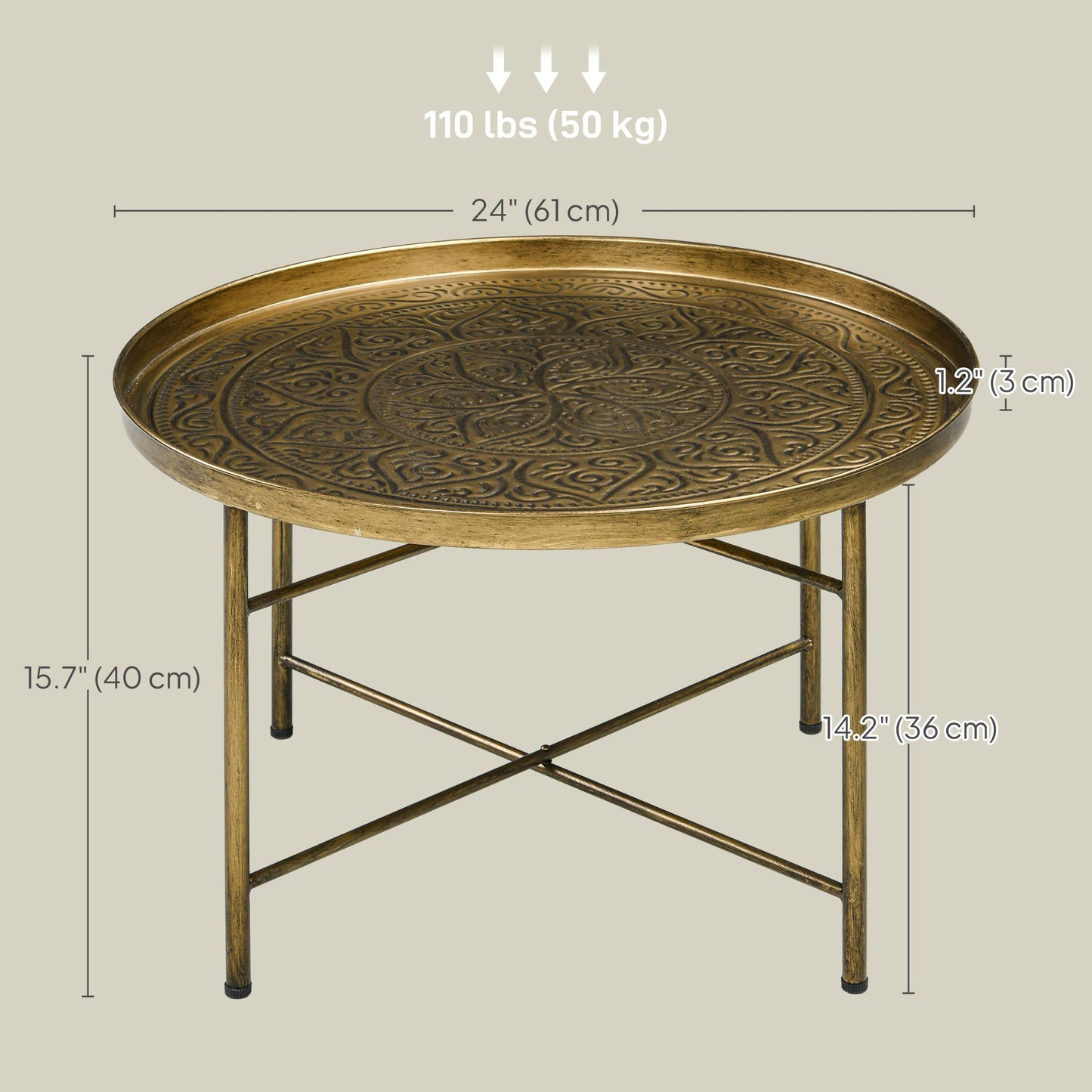 Vintage Coffee Table for Living Room, 24" Round Center Table with Hammered Tray Top and Metal Frame, Gold