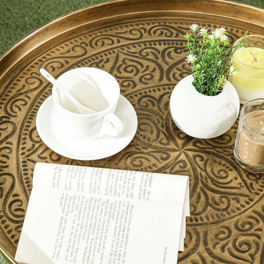 Vintage Coffee Table for Living Room, 24" Round Center Table with Hammered Tray Top and Metal Frame, Gold