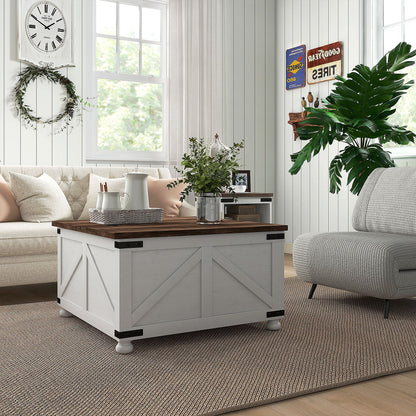 Coffee Table with Lift Top, 32" Farmhouse Center Table with Hidden Compartment for Living Room, Antique White