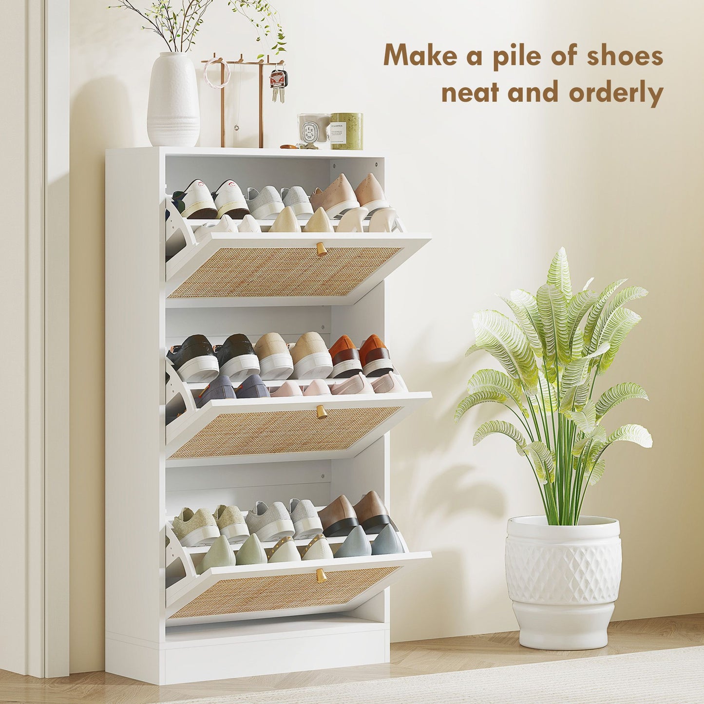 Rattan Shoe Storage Cabinet with 3 Flip Drawers and Adjustable Shelves, Entryway Shoe Cabinet for 18 Pairs, White