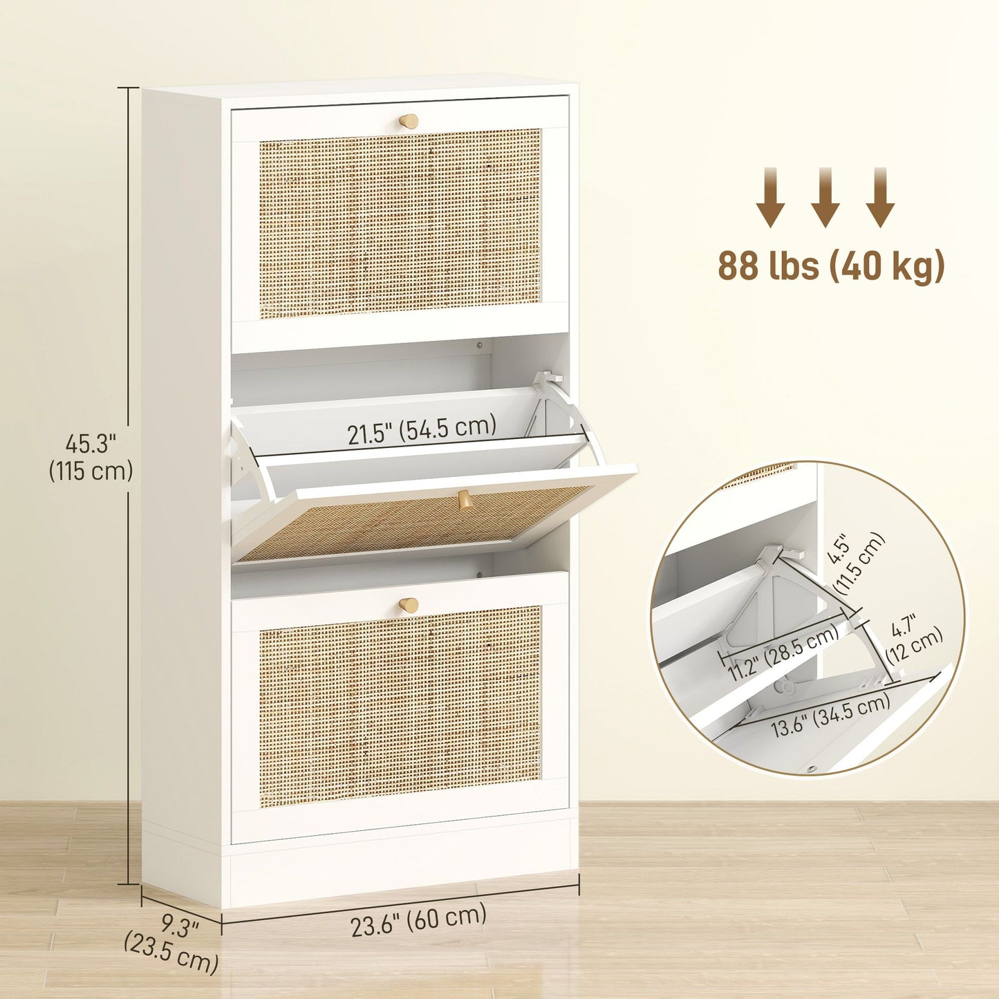 Rattan Shoe Storage Cabinet with 3 Flip Drawers and Adjustable Shelves, Entryway Shoe Cabinet for 18 Pairs, White