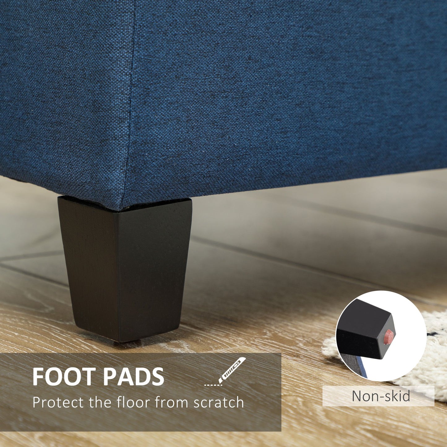 Rectangular Entry Bench, Tufted Upholstered Linen Fabric Wood Feet Storage Ottoman Bench, Blue