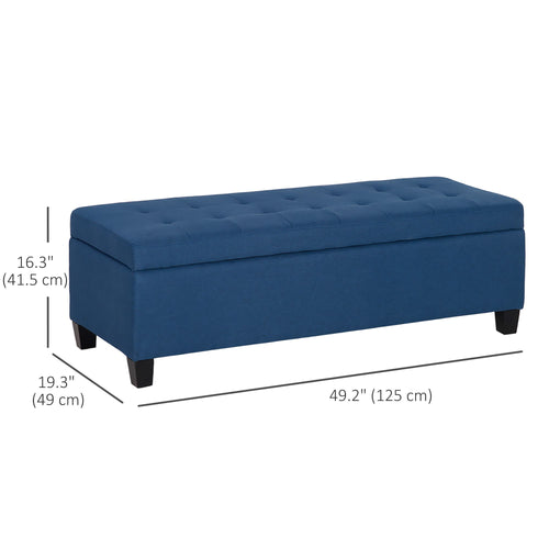 Rectangular Entry Bench, Tufted Upholstered Linen Fabric Wood Feet Storage Ottoman Bench, Blue