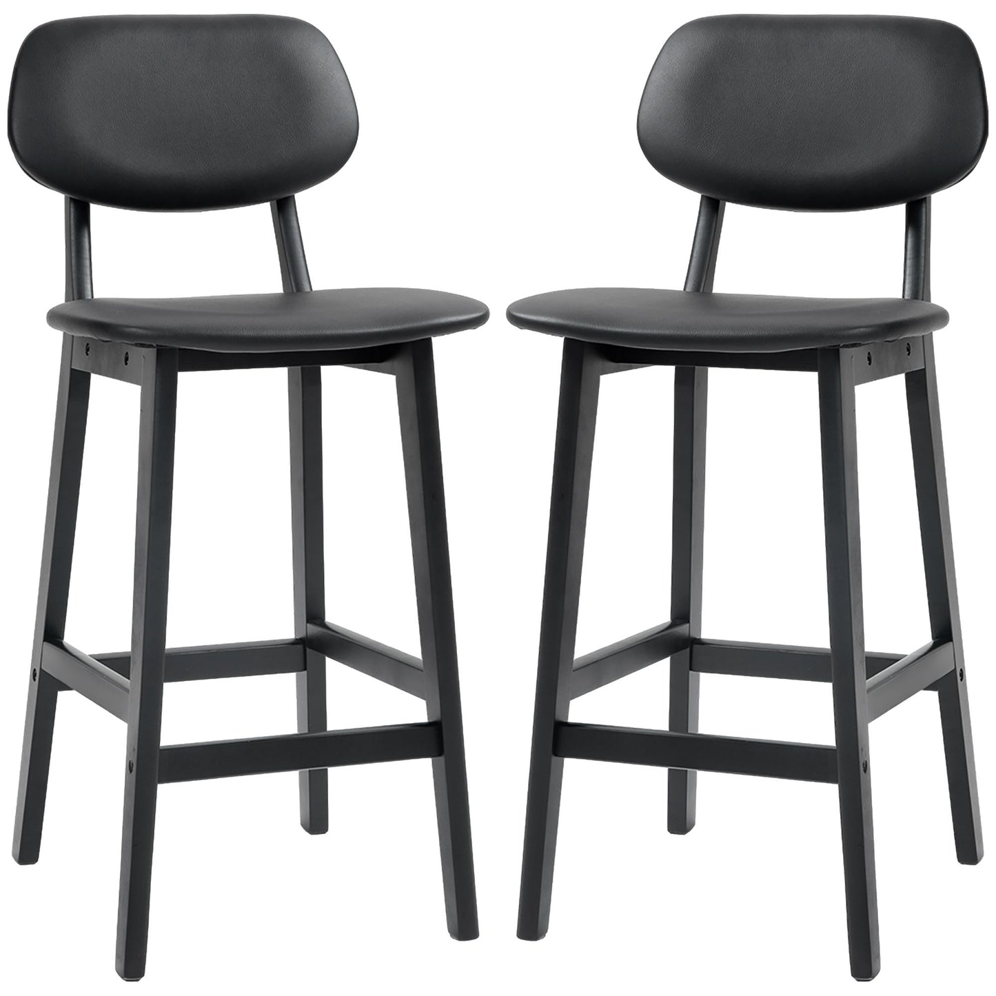 Bar Stools Set of 2, PU Leather Counter Height Barstools, Bar Chairs with Footrest and Solid Wood Legs, Black
