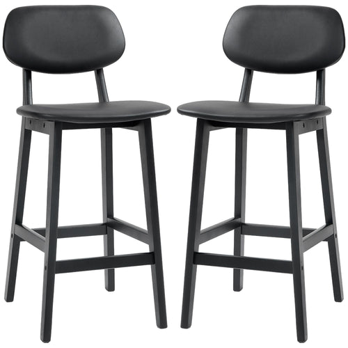 Bar Stools Set of 2, PU Leather Counter Height Barstools, Bar Chairs with Footrest and Solid Wood Legs, Black