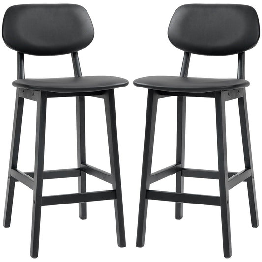 Bar Stools Set of 2, PU Leather Counter Height Barstools, Bar Chairs with Footrest and Solid Wood Legs, Black