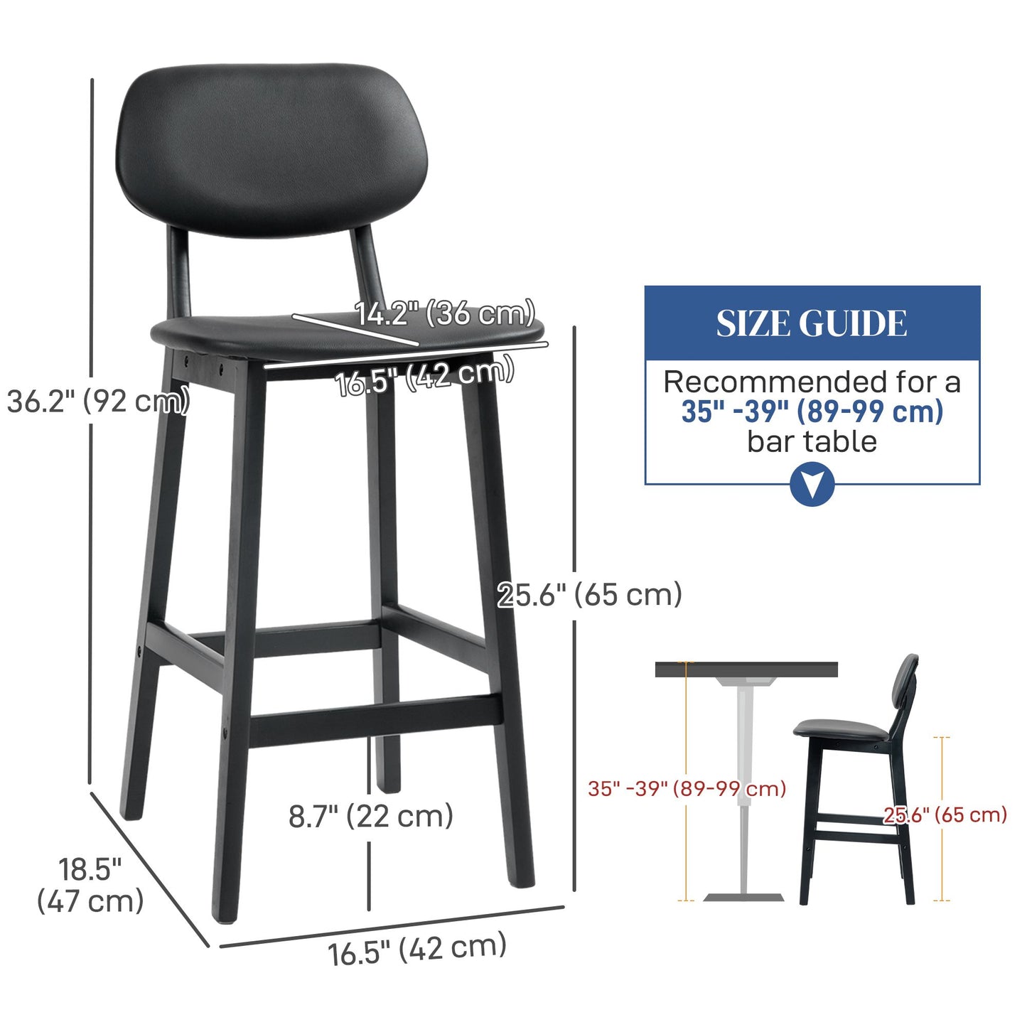 Bar Stools Set of 2, PU Leather Counter Height Barstools, Bar Chairs with Footrest and Solid Wood Legs, Black