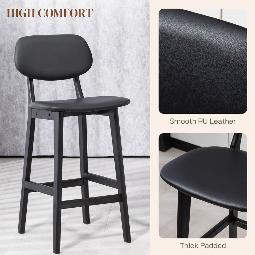 Bar Stools Set of 2, PU Leather Counter Height Barstools, Bar Chairs with Footrest and Solid Wood Legs, Black