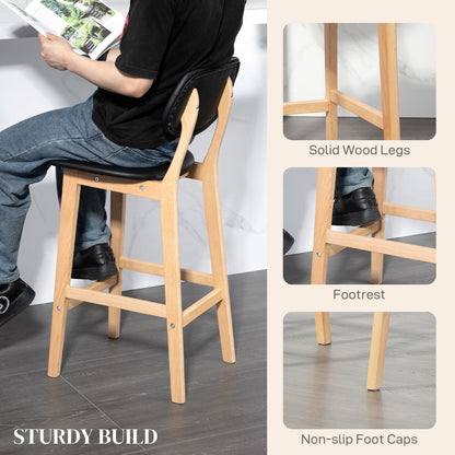Bar Stools Set of 2, PU Leather Counter Height Barstools, Bar Chairs with Footrest, Solid Wood Legs, Natural and Black