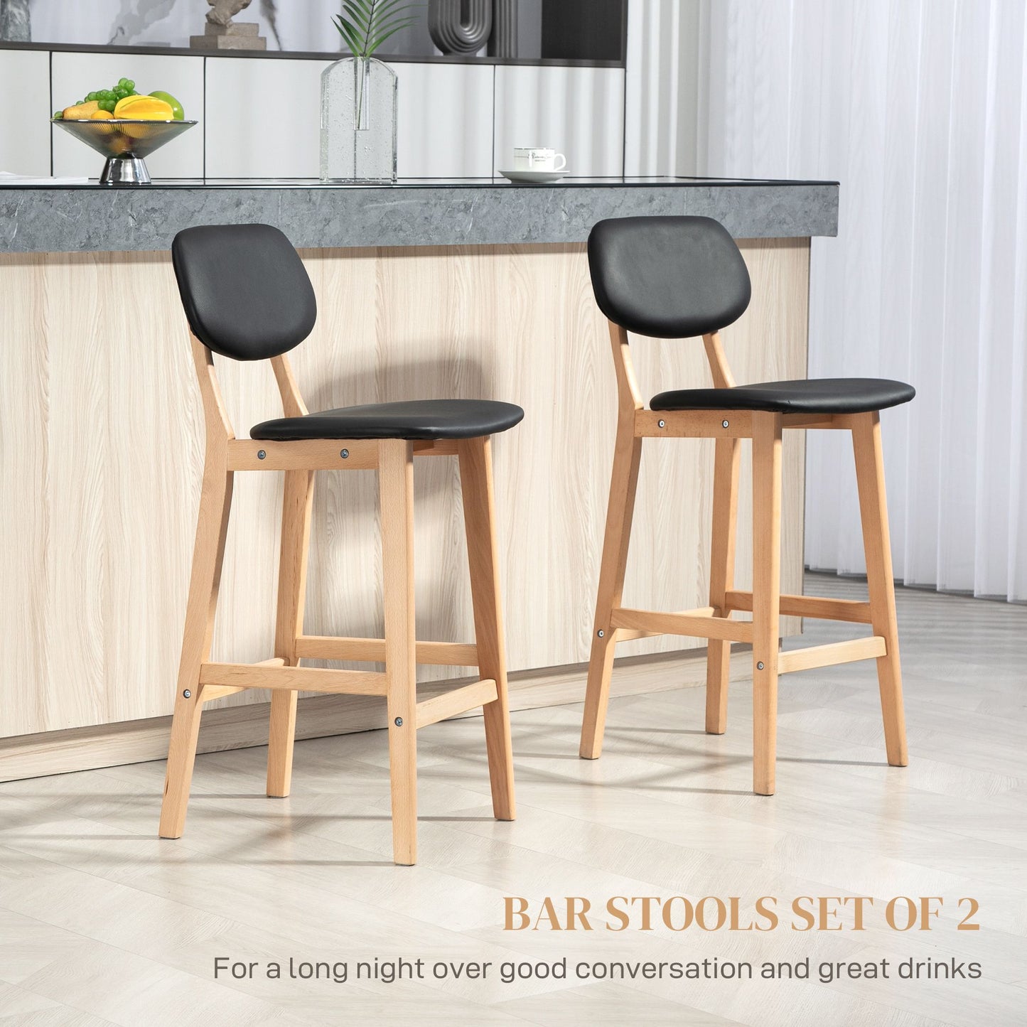 Bar Stools Set of 2, PU Leather Counter Height Barstools, Bar Chairs with Footrest, Solid Wood Legs, Natural and Black