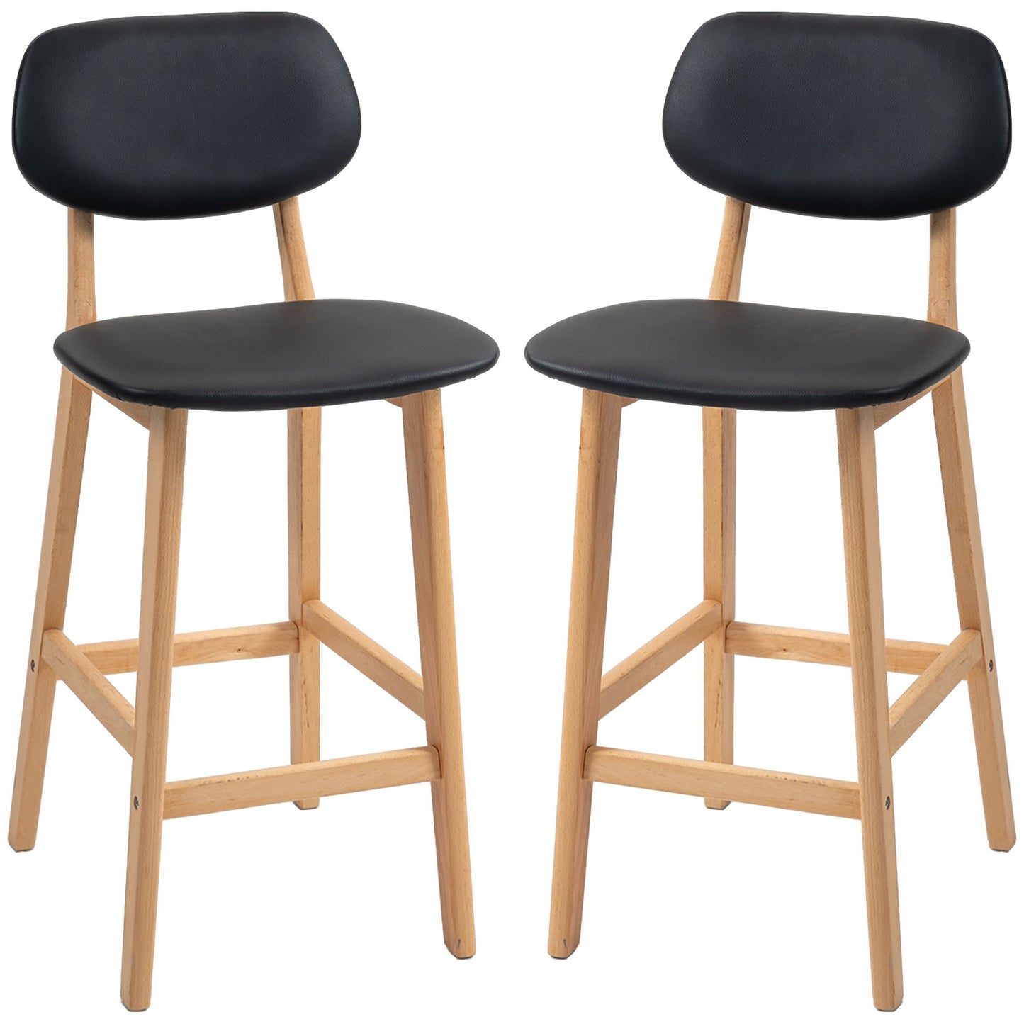 Bar Stools Set of 2, PU Leather Counter Height Barstools, Bar Chairs with Footrest, Solid Wood Legs, Natural and Black