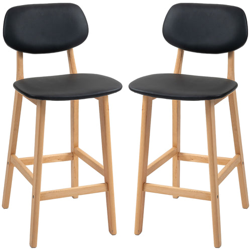 Bar Stools Set of 2, PU Leather Counter Height Barstools, Bar Chairs with Footrest, Solid Wood Legs, Natural and Black