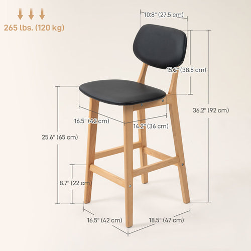 Bar Stools Set of 2, PU Leather Counter Height Barstools, Bar Chairs with Footrest, Solid Wood Legs, Natural and Black