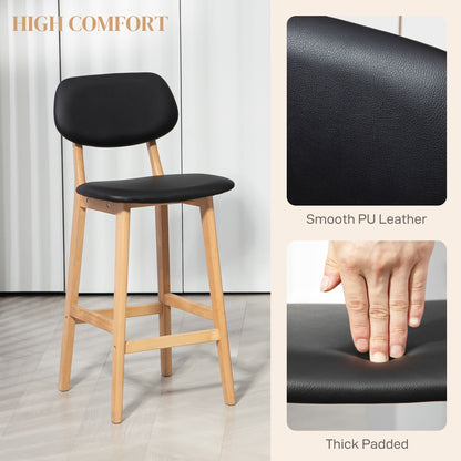 Bar Stools Set of 2, PU Leather Counter Height Barstools, Bar Chairs with Footrest, Solid Wood Legs, Natural and Black