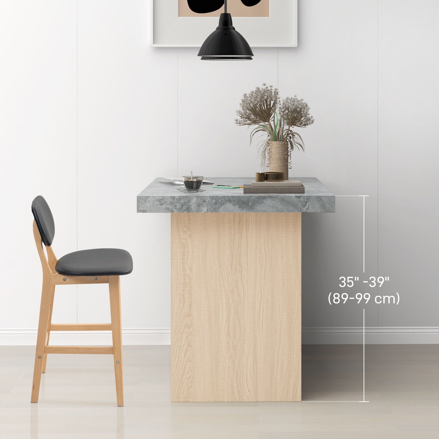 Bar Stools Set of 2, PU Leather Counter Height Barstools, Bar Chairs with Footrest, Solid Wood Legs, Natural and Black