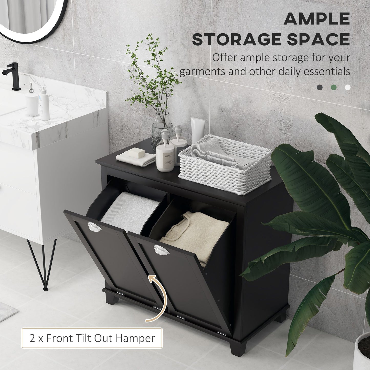 Tilt-Out Laundry Storage Cabinet, Bathroom Storage Organizer with Two-Compartment Tilt Out Hamper, Black