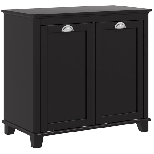 Tilt-Out Laundry Storage Cabinet, Bathroom Storage Organizer with Two-Compartment Tilt Out Hamper, Black