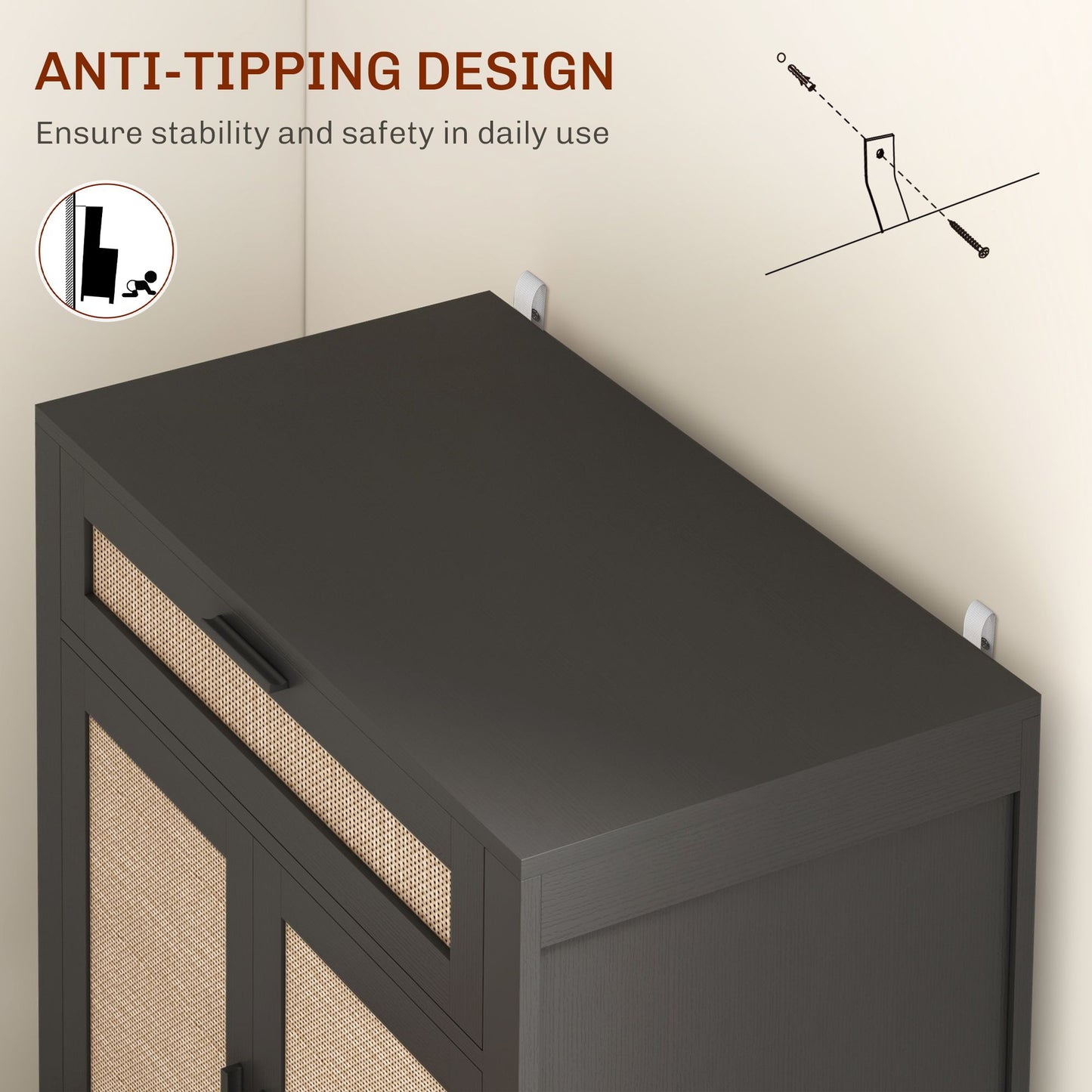 Kitchen Sideboard, Boho Storage Cabinet with 2 Rattan Decorated Doors and Drawer for Dining Room, Black