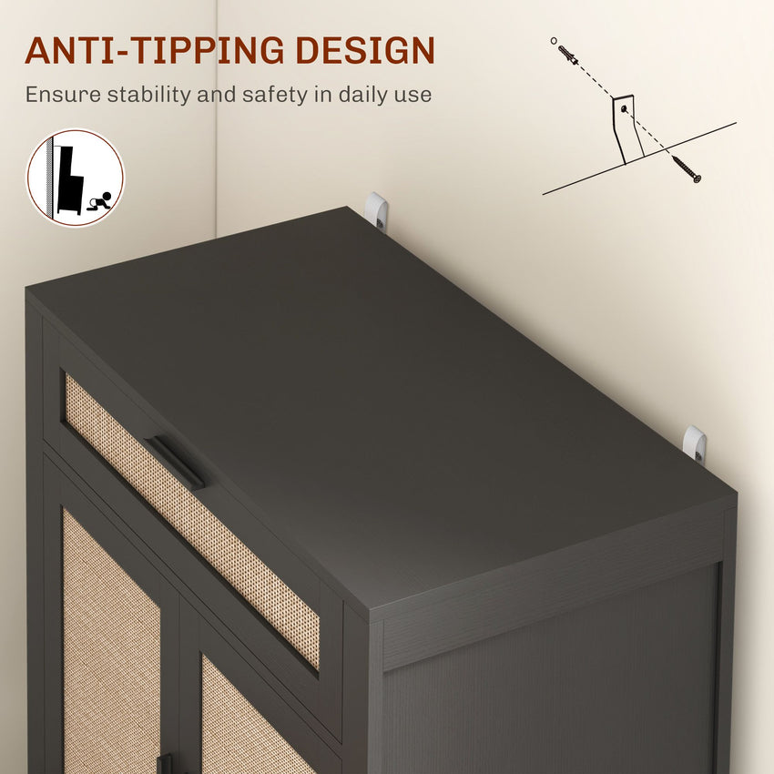 Kitchen Sideboard, Boho Storage Cabinet with 2 Rattan Decorated Doors and Drawer for Dining Room, Black